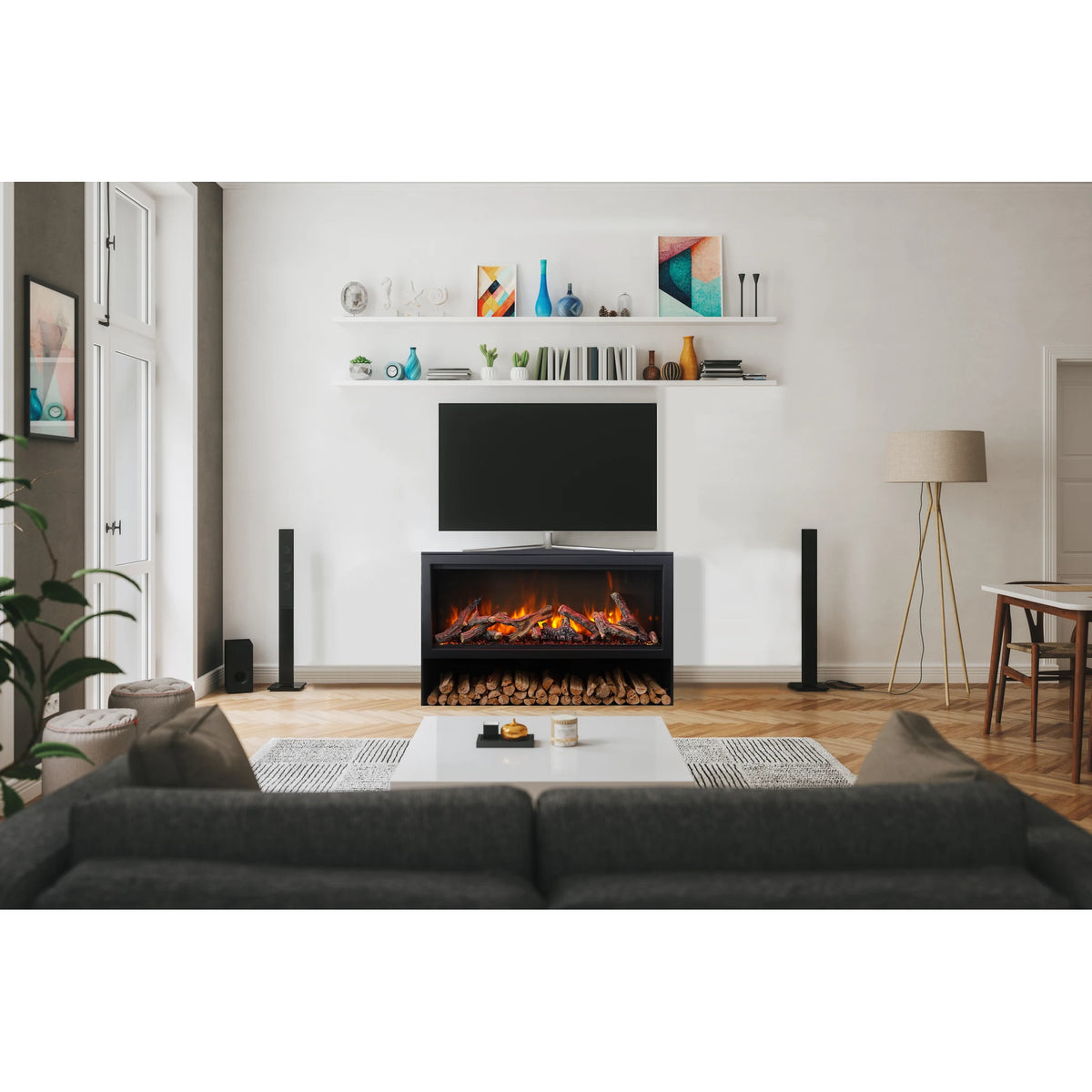 Amantii pedestal display shown with a fireplace, series view