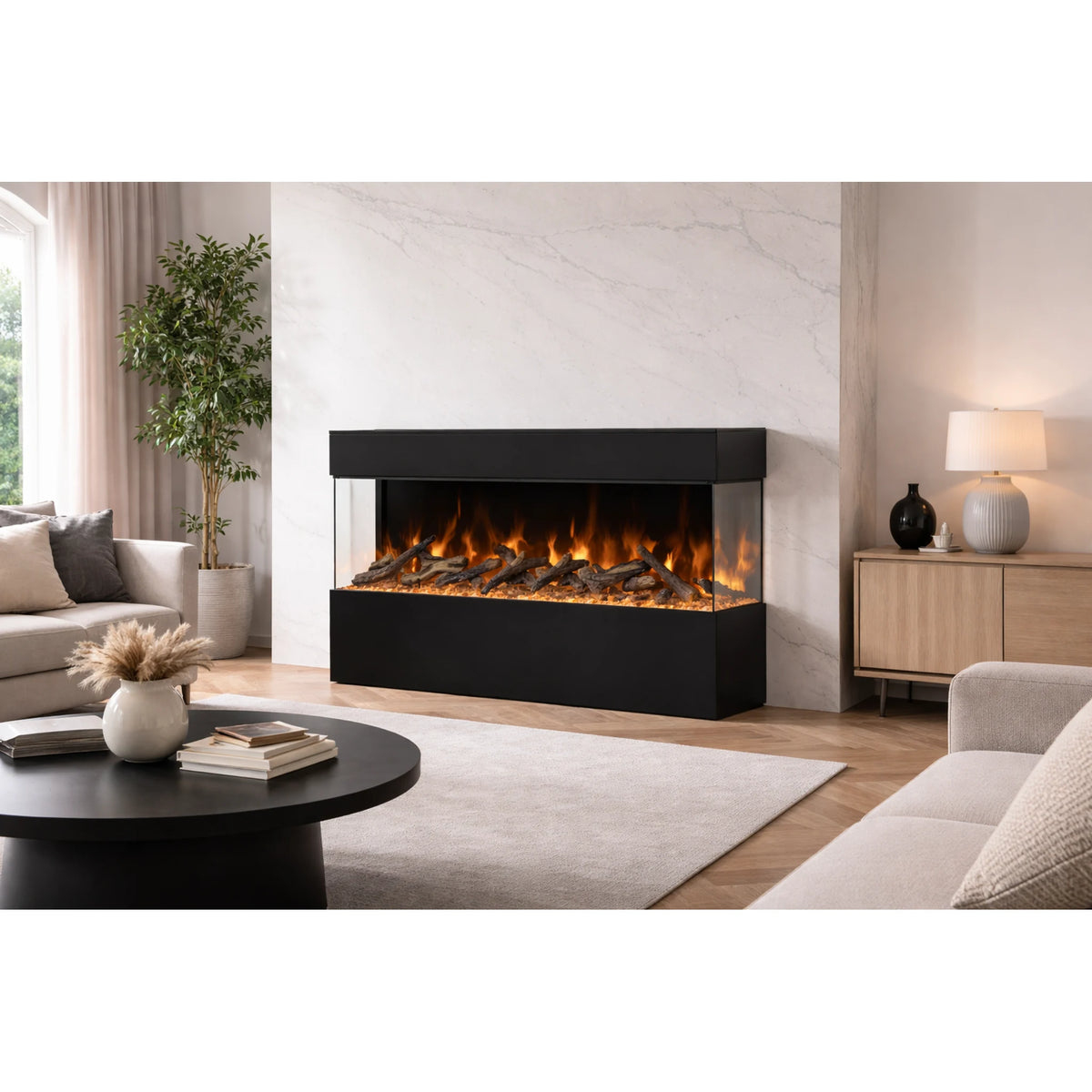 Amantii pedestal display shown with a fireplace, series view