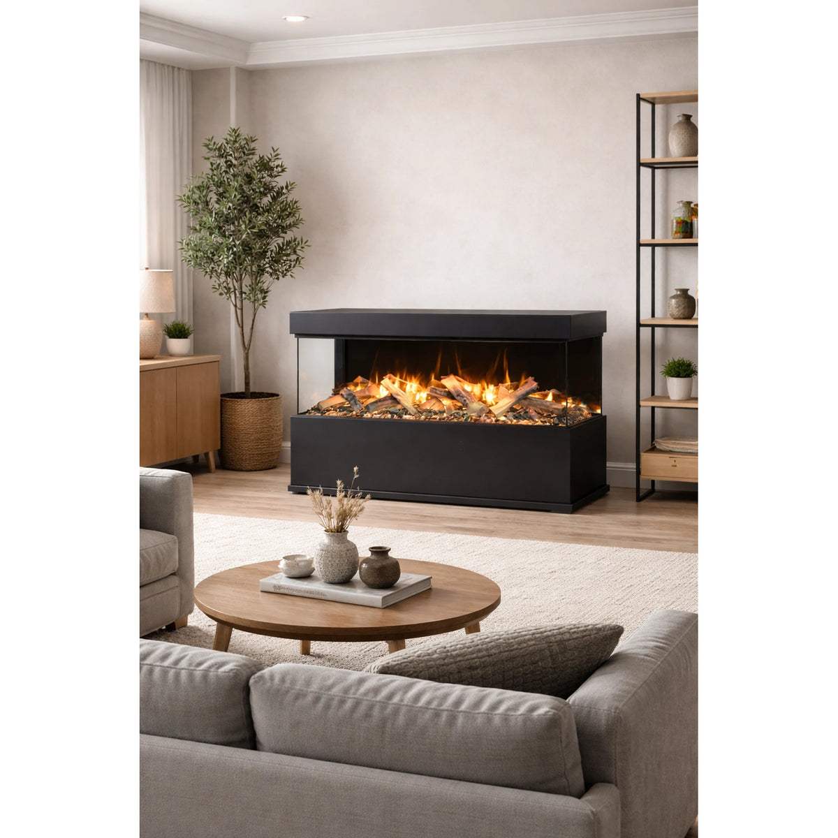 Amantii pedestal display shown with a fireplace, series view