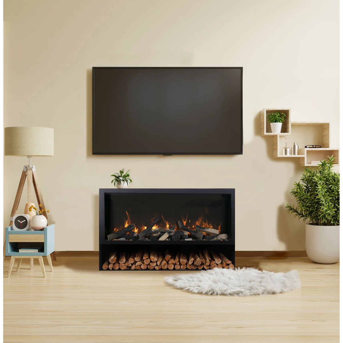 Amantii pedestal display shown with a fireplace, series view