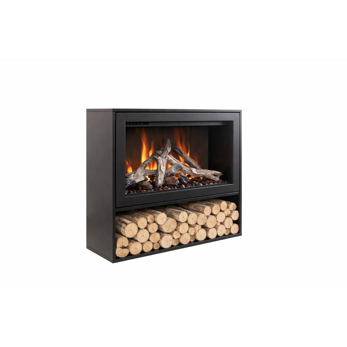 Amantii pedestal display shown with a fireplace, series view