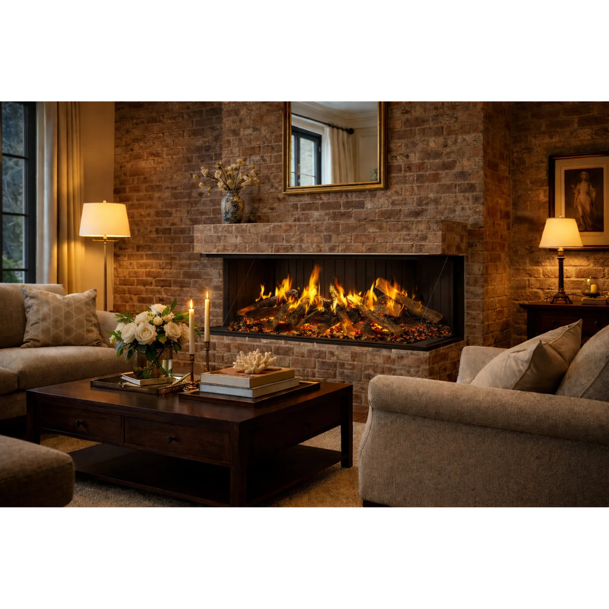 Amantii fireplace – Modern Living Room with 75-Inch Amantii Signature MultiView Holo Electric Fireplace