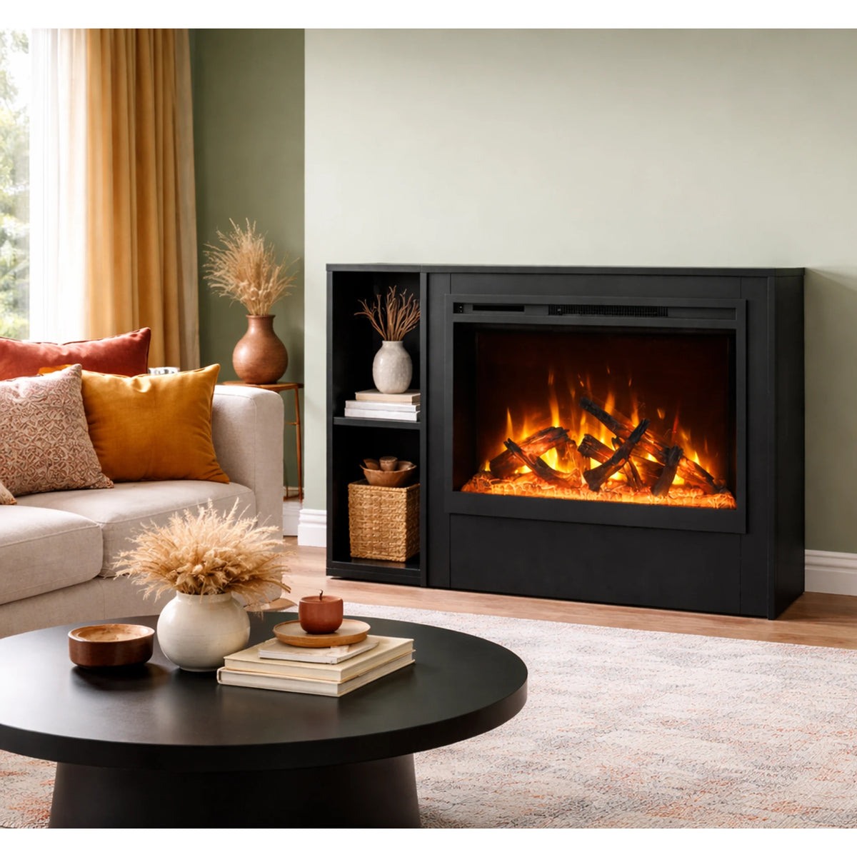 Amantii pedestal display shown with a fireplace, series view