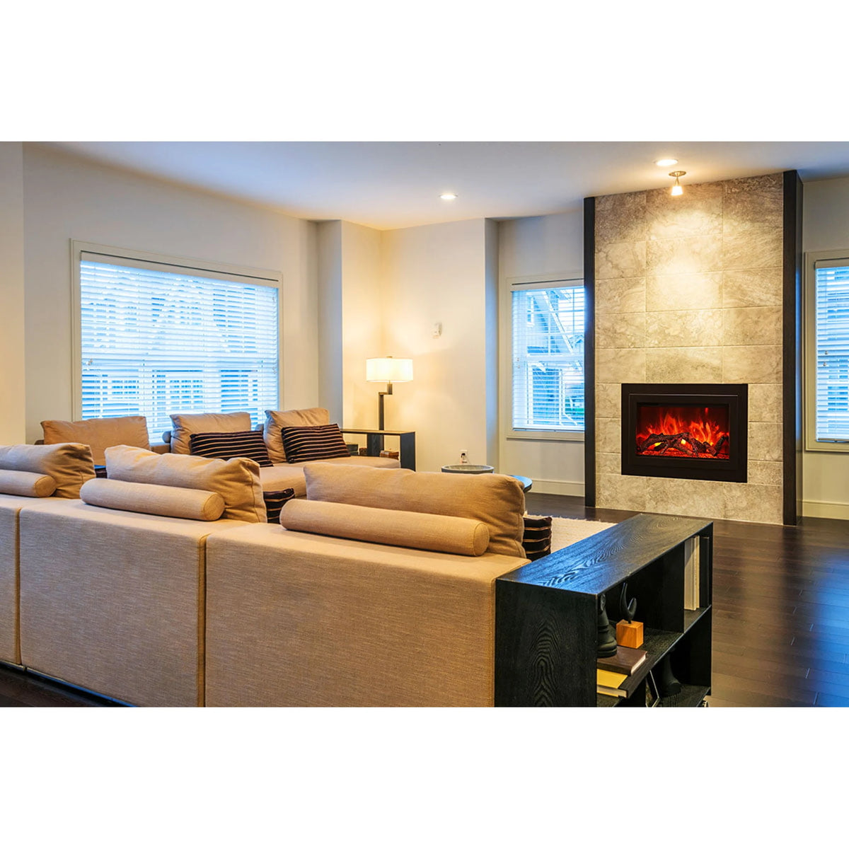 Amantii TRD-30-4 trim shown installed on a fireplace