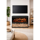 Amantii pedestal display shown with a fireplace, series view