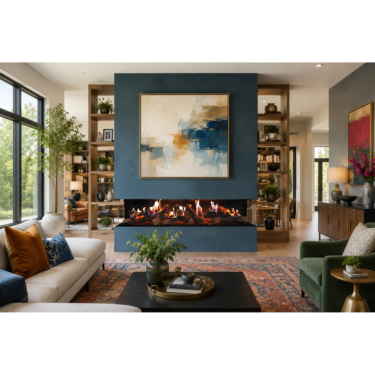 Amantii fireplace – Modern Room Featuring the Amantii Signature MultiView Holo 75-Inch 3-Sided Electric Fireplace