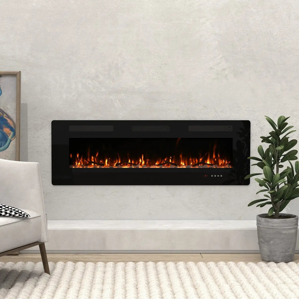 Black electric fireplace shown on a pale living-room wall