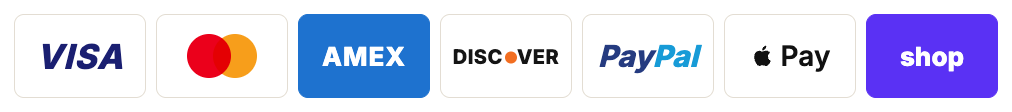 Accepted payment methods: Visa, Mastercard, Amex, Discover, PayPal, Apple Pay, Shop Pay