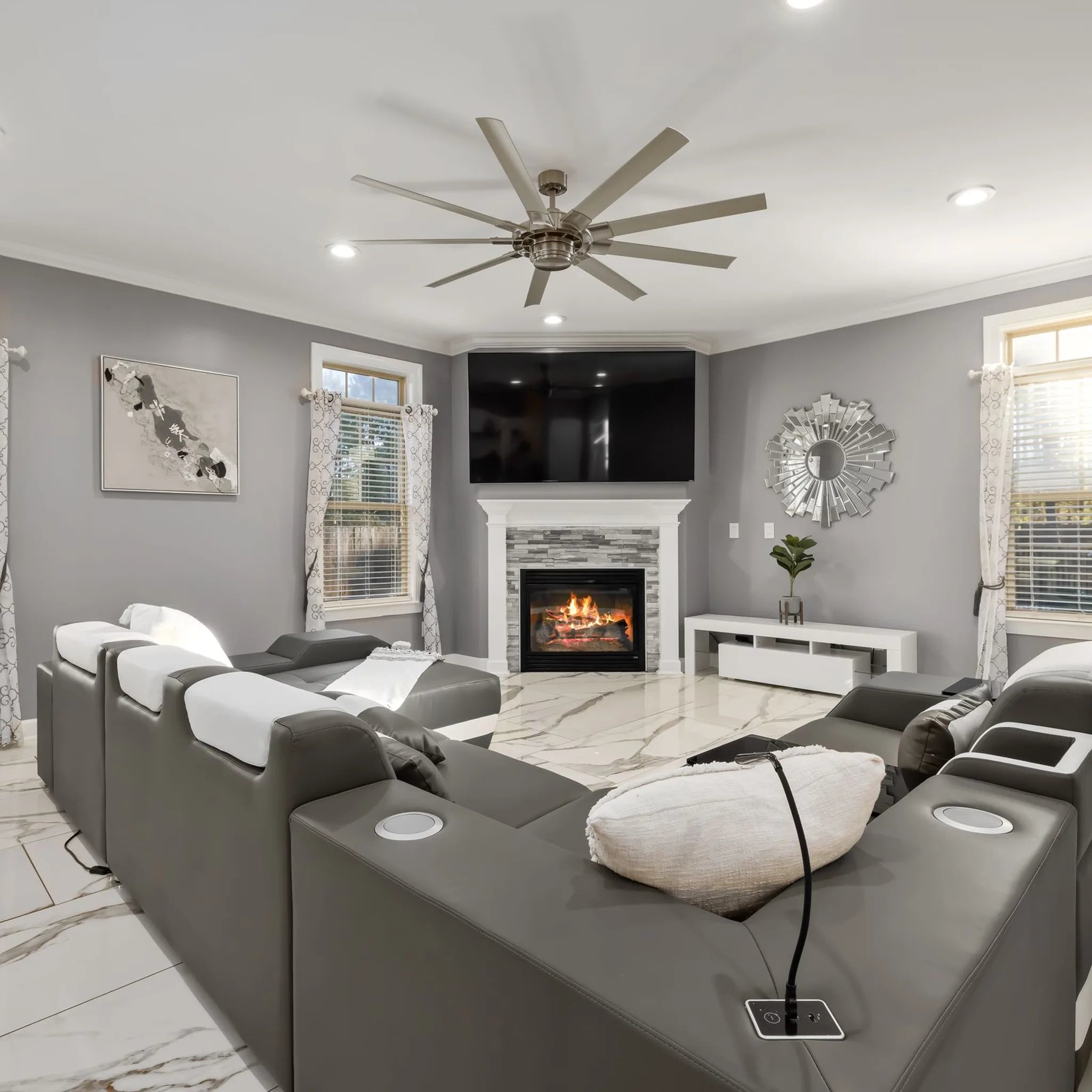 Electric fireplace in a bright modern living room